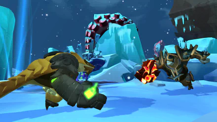 HD wallpaper featuring characters from the video game Gigantic: Rampage Edition in dynamic action poses on an icy battlefield.