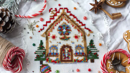 HD desktop wallpaper featuring a colorful gingerbread house with sprinkles, surrounded by festive candy and holiday decorations.