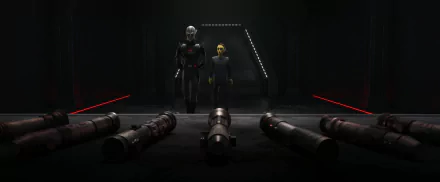 HD wallpaper featuring characters from Star Wars: Tales of the Empire TV show, with a dark corridor illuminated by red lightsabers on the ground.