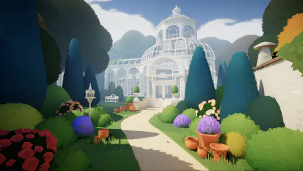 HD desktop wallpaper featuring Botany Manor from a video game with a scenic garden path leading to a greenhouse.