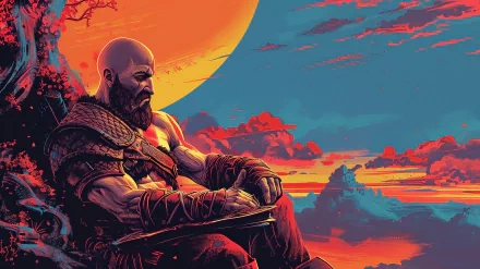 Kratos from God of War game as an HD desktop wallpaper, featuring the character in contemplation against a vibrant orange and blue sunset background.
