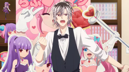 Anime Vampire Dormitory HD wallpaper featuring a male character in a waiter outfit with a heart-shaped scepter and female characters in the background.