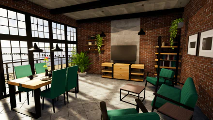Stylish interior design from House Flipper 2 video game, showcasing a modern living room with exposed brick walls and green armchairs – HD desktop wallpaper.