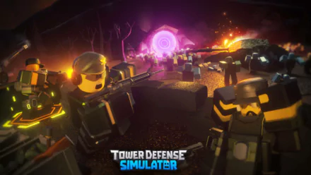 HD Roblox Tower Defense Simulator game scene for desktop wallpaper featuring characters defending against an attack.