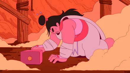 HD desktop wallpaper from the video game Let's! Revolution! featuring a stylized animated character reaching for a pink cube in a reddish, otherworldly landscape.