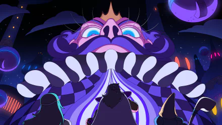 HD desktop wallpaper from the video game 'Let's! Revolution!' featuring a stylized cosmic scene with a large, colorful character in the background and silhouettes of characters in the foreground against a space-themed backdrop.