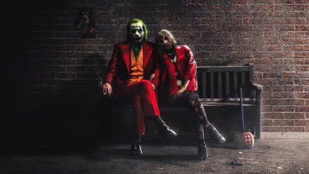 HD desktop wallpaper featuring characters from the movie Joker: Folie à Deux sitting on a bench against a brick wall background.