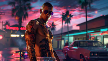 HD desktop wallpaper featuring a character from Grand Theft Auto VI, with a backdrop of a vibrant sunset, palm trees, and neon city lights.