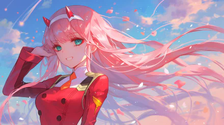HD desktop wallpaper featuring the anime character Zero Two from Darling in the FranXX, with long pink hair and green eyes, smiling against a dreamy, cloudy sky filled with floating pink petals.