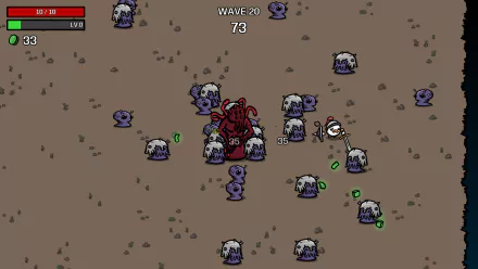 HD desktop wallpaper featuring a scene from the video game Brotato with a character surrounded by enemies on a barren landscape, displaying wave 20 and health status indicators.