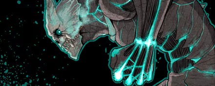 HD anime-style wallpaper featuring Kafka Hibino from Kaiju No. 8 with prominent monster features and glowing blue accents against a dark background.