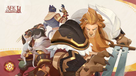 HD desktop wallpaper featuring stylized characters from the video game AFK Journey, portraying a heroic lion-like figure with fellow adventurers in dynamic poses, illustrating a fantasy adventure theme.