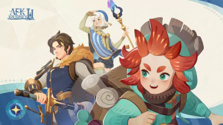 HD desktop wallpaper featuring stylized characters from the video game AFK Journey, with a prominent red-haired character in the foreground.