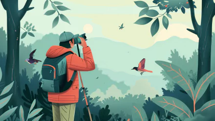 An illustrated HD desktop wallpaper featuring a person with binoculars birdwatching in a lush green forest with birds flying in the serene sky.