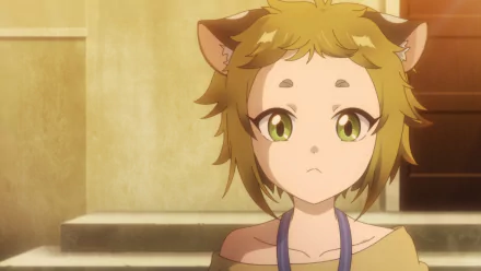 HD anime wallpaper featuring a character with cat-like ears and big green eyes from The New Gate, looking slightly surprised or curious, set against a soft, indoor background.