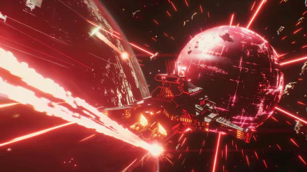 An HD wallpaper depicting an intense spaceship battle with vibrant laser blasts and a large, futuristic spacecraft in the foreground against a backdrop suggestive of outer space conflict.