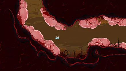 HD desktop wallpaper from Lunar Lander: Beyond video game depicting a lander navigating a cavern with reddish rocky walls and a brownish backdrop.
