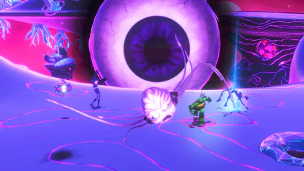 HD wallpaper from the video game Teenage Mutant Ninja Turtles Arcade: Wrath of the Mutants, featuring a dynamic battle scene with one of the turtles and surreal alien-like surroundings.