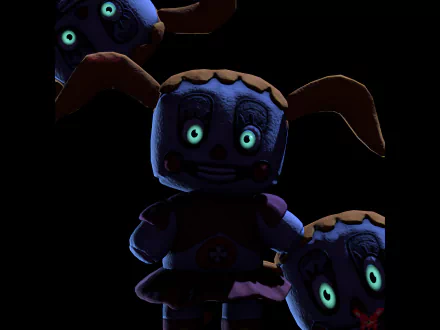 5K Ultra HD PC wallpaper: eerie animatronic duo from Five Nights at Freddy's: Help Wanted (Five Nights at Freddy's), glowing teal eyes and cracked faces looming from shadow.