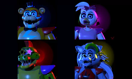 8K Ultra HD PC wallpaper featuring characters from Five Nights at Freddy's: Security Breach, showcasing vibrant, detailed animatronics in dynamic lighting.