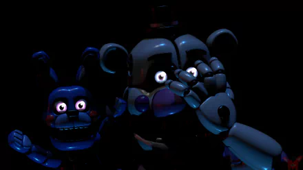 High-resolution 8K Ultra HD wallpaper featuring Funtime Freddy and Funtime Bonnie from the video game Five Nights at Freddy's: Sister Location in a dark, eerie setting.