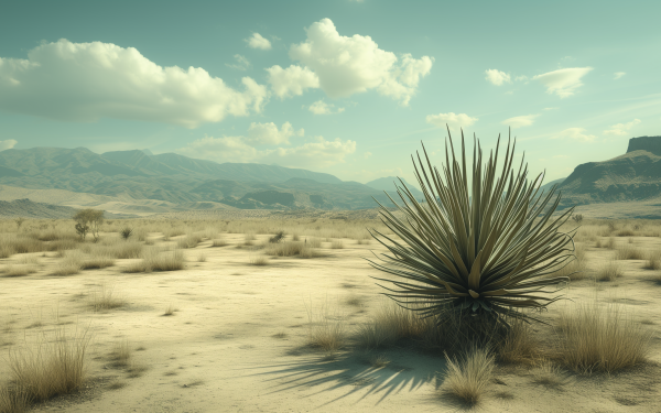 HD wallpaper featuring a desert landscape with a prominent desert plant under a blue sky with clouds.
