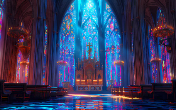 Stunning HD wallpaper featuring a fantasy church interior with vibrant stained glass windows and gothic architecture, ideal for desktop backgrounds and evoking a sense of faith and religion.