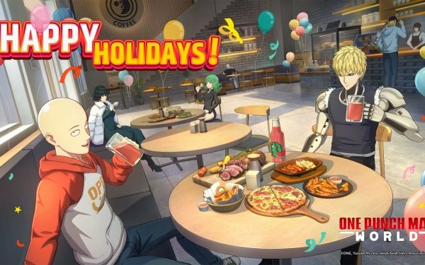 HD wallpaper featuring One Punch Man World video game characters celebrating the holidays with food at a table.