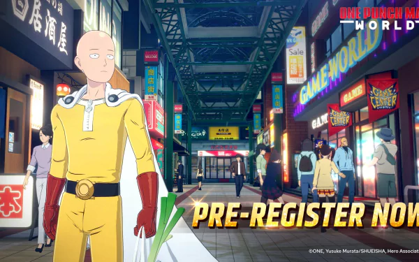 HD desktop wallpaper of One Punch Man World video game featuring the protagonist standing in a detailed city street with a 'Pre-Register Now' advertisement.
