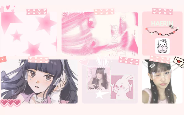 HD PC desktop wallpaper featuring a pastel pink collage of HAERIN from NewJeans KPOP with anime and cute graphic elements, blending music and visual art.