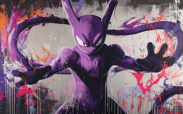 HD desktop wallpaper featuring Mewtwo, a popular character from Pokémon, in a dynamic and colorful art style, perfect for a vibrant background.