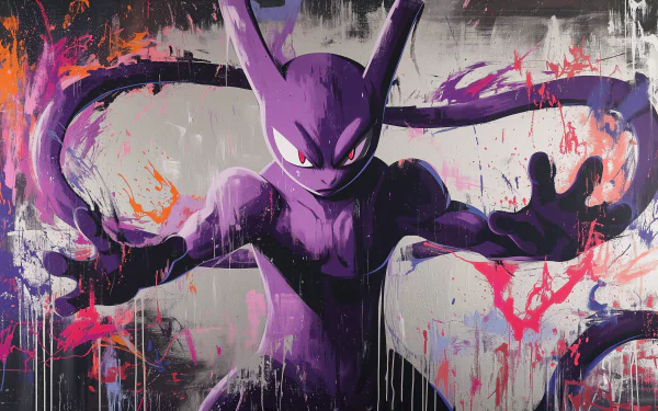 A dynamic HD desktop wallpaper featuring Mewtwo from Pokémon, depicted in vibrant colors and bold brush strokes, showcasing its powerful presence against a striking abstract background.