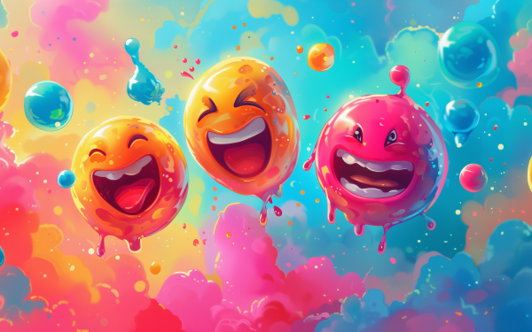 Colorful HD desktop wallpaper featuring vibrant laughing emoji balloons on a lively, abstract background to set a joyful mood.