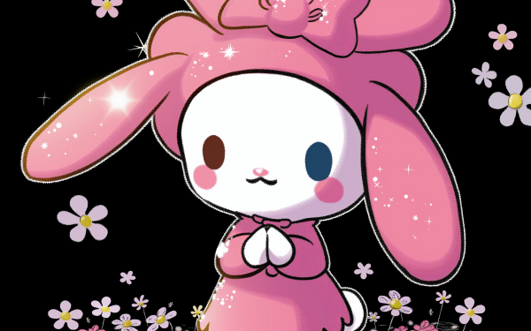 HD wallpaper featuring My Melody from Onegai My Melody by Sanrio, with a cute pink rabbit character surrounded by sparkling stars and flowers on a black background.