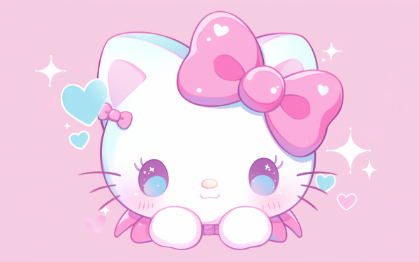 HD Hello Kitty desktop wallpaper featuring the cute Sanrio character with a pink bow and sparkling hearts on a pastel pink background.