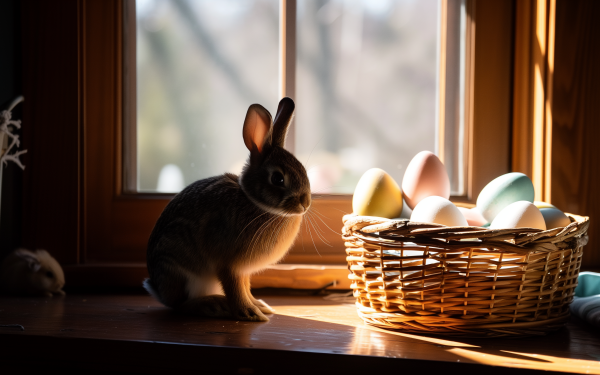 A charming bunny sitting beside a basket of colorful Easter eggs on a wooden table with sunlight streaming through a window, perfect as an HD Easter-themed desktop wallpaper or background.