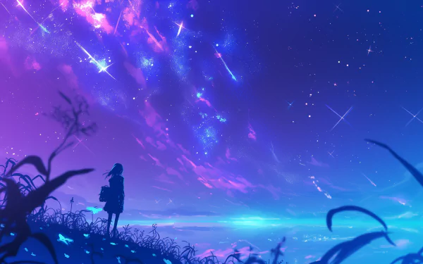HD desktop wallpaper of a person stargazing under a vibrant cosmic sky with shooting stars.