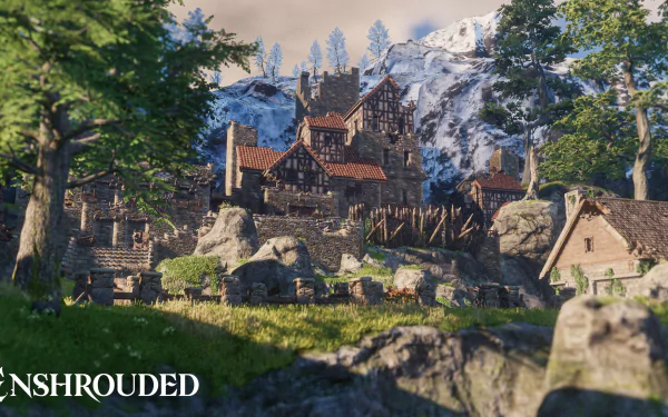 HD wallpaper featuring the medieval fantasy village from the video game Enshrouded, with rustic houses nestled in a lush green landscape against a backdrop of snow-capped mountains.
