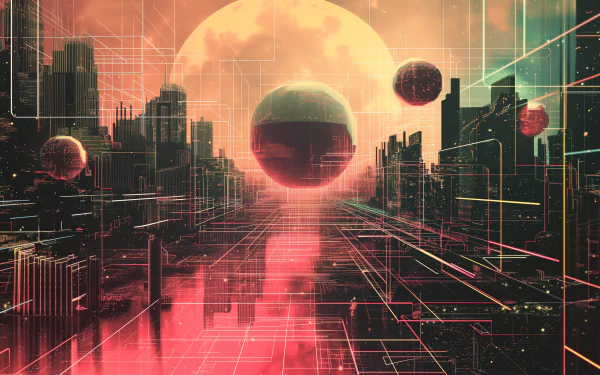 Sci-fi wallpaper with artistic lines and futuristic cityscape for HD desktop background.