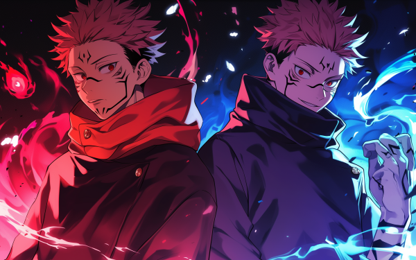 HD wallpaper of Jujutsu Kaisen characters, featuring a vibrant illustration of Sukuna with a red and blue mystical aura, perfect for anime desktop background.