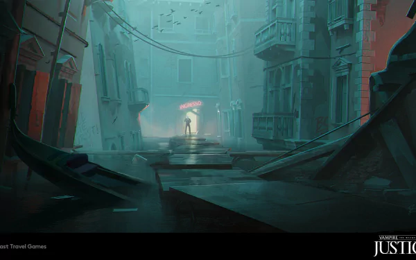HD desktop wallpaper featuring a moody concept art scene from Vampire: The Masquerade - Justice, with a foreboding urban alley illuminated by a haunting glow and enigmatic figure standing in the distance.