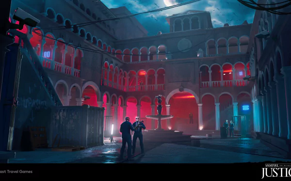 HD desktop wallpaper of Vampire: The Masquerade - Justice, featuring a gothic courtyard scene with dramatic red lighting.