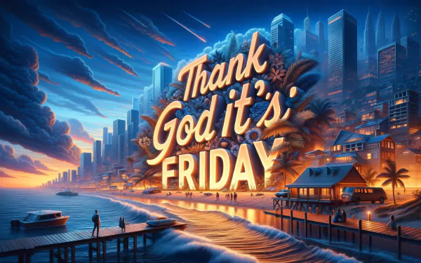 HD wallpaper featuring a vibrant cityscape at sunset with Thank God It's Friday text for desktop background.