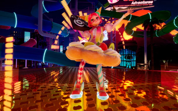 Colorful HD desktop wallpaper featuring a vibrant Foamstars video game character in a dynamic neon-lit virtual world.