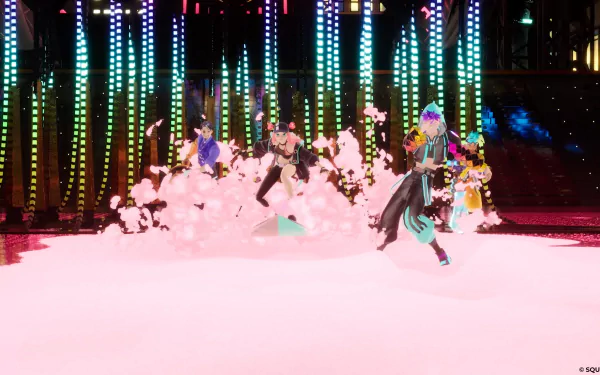 HD desktop wallpaper featuring characters from the video game Foamstars engaged in action against a backdrop of colorful neon lights.