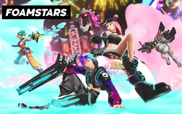 HD wallpaper of Foamstars video game characters, dynamic poses with vibrant, lively background.