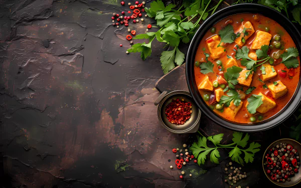 A vibrant curry dish garnished with fresh cilantro, surrounded by spices on a textured table. This high-definition image captures the essence of a delicious meal.