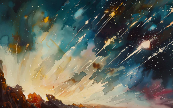 A stunning HD wallpaper depicting a vibrant meteor shower against a backdrop of colorful cosmic clouds, capturing the beauty and wonder of the night sky.
