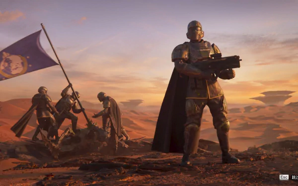 HD wallpaper of Helldivers 2 featuring a soldier in the foreground with a weapon and teammates carrying a flag in the background, set in a vivid, desert-like landscape.