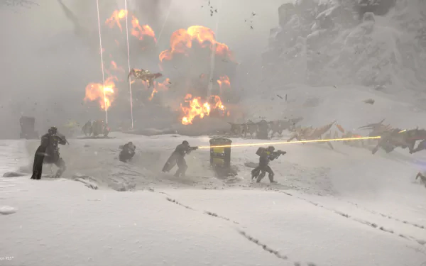 HD wallpaper of Helldivers 2 featuring soldiers in combat on a snowy battlefield with explosions in the background.